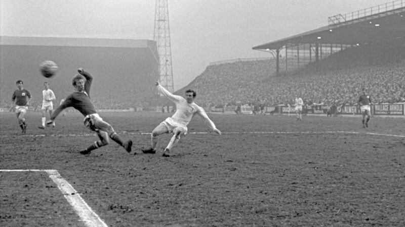 Leeds United&#39;s Johnny Giles (right) fires a shot past Nottingham Forest&#39;s Liam O&#39;Kane en route to a 2-0 FA Cup semi-final win on April 27 1968 