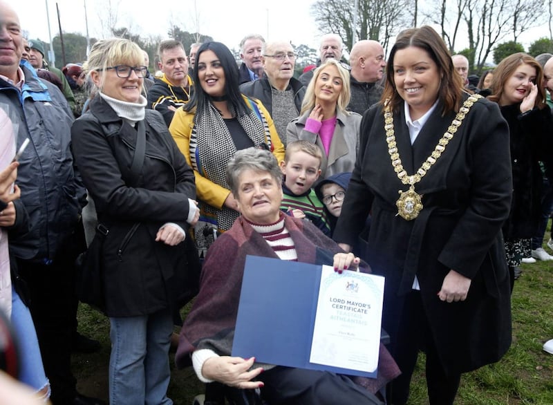 Belfast Mayor Deirdre Hargey presents Clara Reilly with a certificate in recognition of her lifetime of campaigning. Picture by Mal McCann 