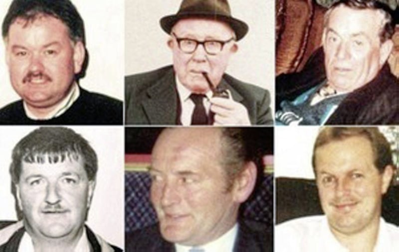 The six men killed in Loughinisland were, from top left, Adrian Rogan, Barney Green and Dan McCreanor and (from bottom left) Eamon Byrne, Malcolm Jenkinson and Patsy O'are