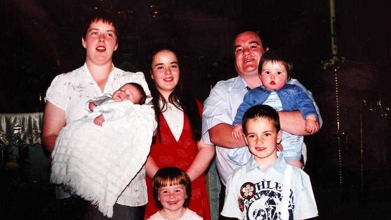 Arthur McElhill and Lorraine McGovern with their children from L-R James 10 months, Caroline (13), Bellina (4), Sean (7) and Clodagh (18 months) who all perished a blaze at their Omagh home started by McElhill 