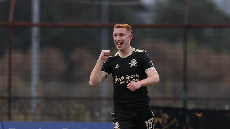Jarlath O'Rourke celebrates adding a second goal for Crusaders. Pacemaker Press.