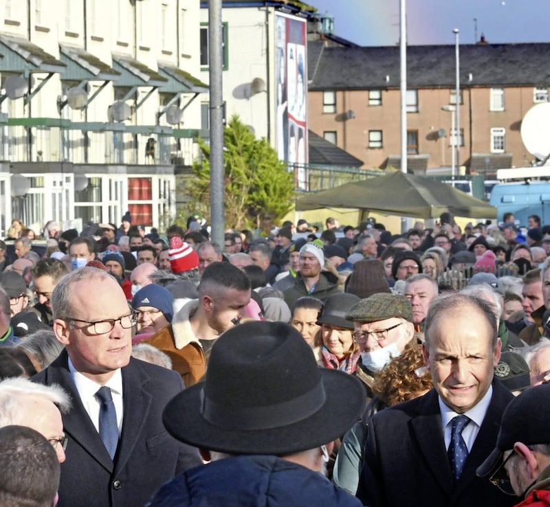 A rainbow appeared briefly over the Bogside as Michael Martin and Simon Coveny spoke to relatives of victims at the Bloody Sunday Memorial where thousands of people attended the 50th anniversary of the Bloody Sunday killings of 13 people in the Bogside in 1972. Picture by Alan Lewis. 