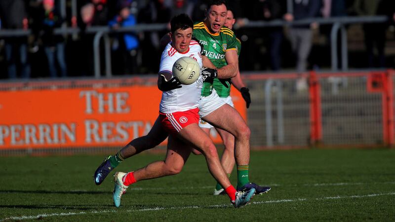 Ronan O'Neill set up Darren McCurry for Tyrone's goal against Meath in Omagh.<br /><span style="font-family: Arial, sans-serif; ">Pic Seamus Loughran</span>