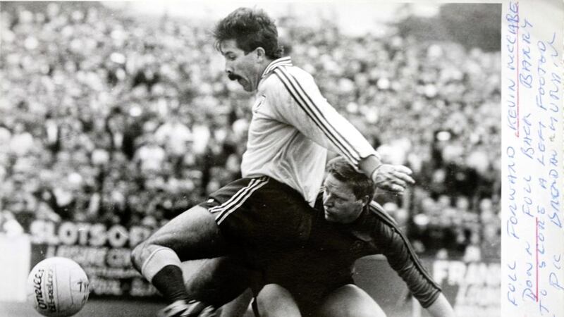 Tyrone&#39;s Kevin McCabe in action &ndash; the moustache is still going, as is his 1986 penalty kick against Kerry Picture: Brendan Murphy 