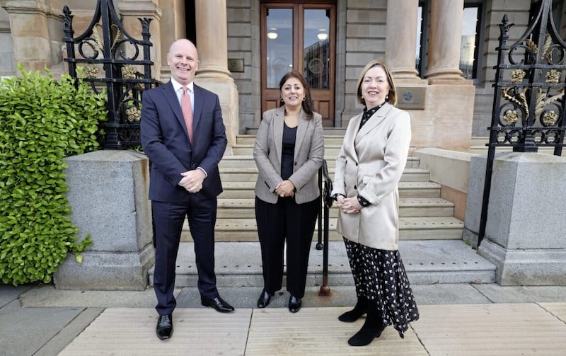 Nusrat Ghani, UK Minister of State in the Department for Business, Energy, and Industrial Strategy, pictured in Belfast last week with Belfast Harbour chief executive Joe O&rsquo;Neill and chair Dr Theresa Donaldson 