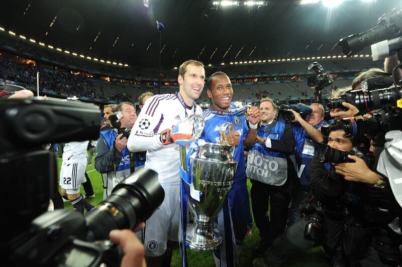 Petr Cech and Didier Drogba celebrate after their shoot-out heroics