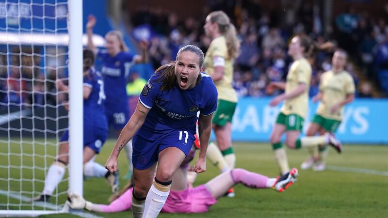 Chelsea’s Guro Reiten celebrates scoring their side’s fifth goal of the game during the Barclays Women’s Super League match at Kingsmeadow, London. Picture date: Sunday May 5, 2024.