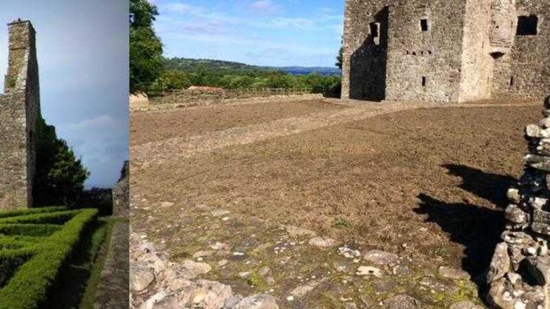 Left The old ornamental garden at Tully Castle. Right the scene after the Department for Communitiues removed the greenery from within the castle grounds. 