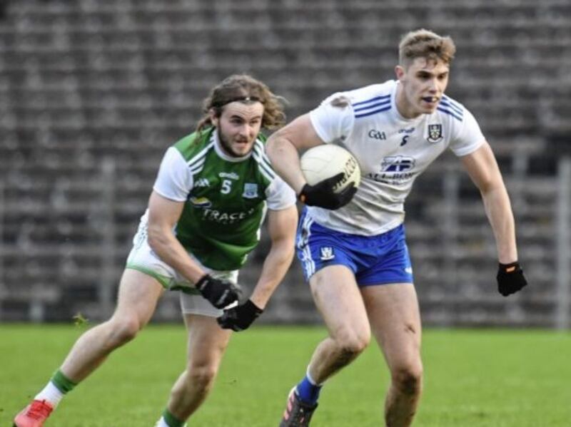 Conor Leonard with the ball alongside Karl Gallagher, two of Monaghan&#39;s debutants, with Fermanagh&#39;s Danny Leonard nearby. 
