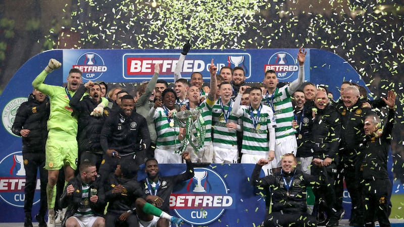 Celtic celebrate winning the Scottish League Cup Final against Rangers at Hampden Park, Glasgow. on Sunday December 8, 2019. Picture by Jane Barlow/PA Wire. 