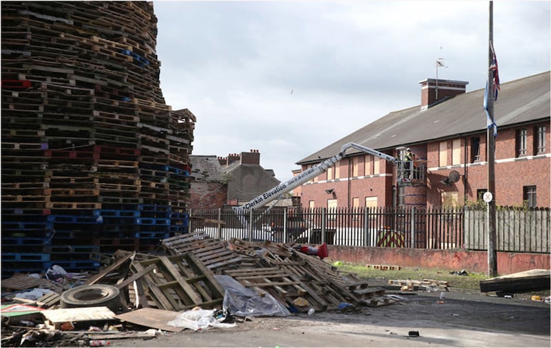 The homes are close to the bonfire at Ravenscroft Avenue/Bloomfield Walkway in east Belfast. Picture by Hugh Russell