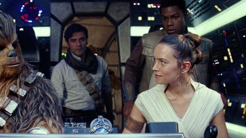 Daisy Ridley as Rey with Joonas Suotamo as Chewbacca, Oscar Isaac as Poe Dameron and John Boyega as Finn in Star Wars Episode IX: The Rise Of Skywalker