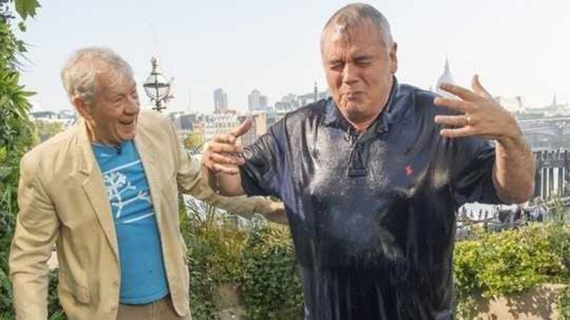 Sir Ian McKellan with Eamonn Holmes after his ice bucket challenge. Picture courtesy of ITV's This Morning &nbsp;