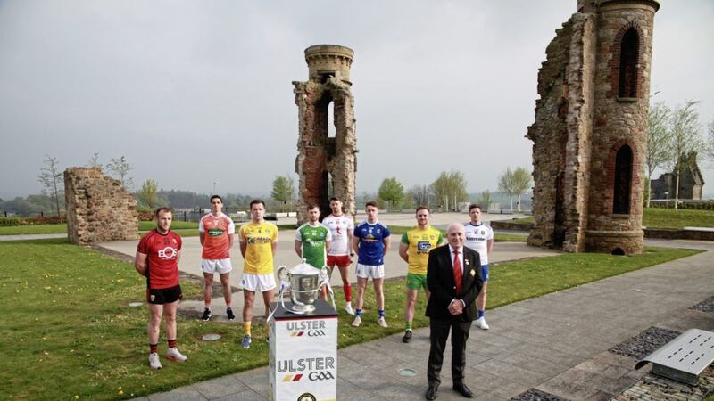 Ulster GAA President, Oliver Galligan, along with from left, Darren O&#39;Hagan (Down), Rory Grugan (Armagh), Neil Delargy (Antrim), Ciaran Corrrigan (Fermanagh), Mattie Donnelly (Tyrone), Ciaran Brady (Cavan), Eamon Doherty(Donegal) and Conor McManus (Monaghan) at the official launch of the 2019 Ulster Senior Football Championship at the Hill of The O&#39;Neill in Dungannon, Co Tyrone Picture by Barry McHugh 