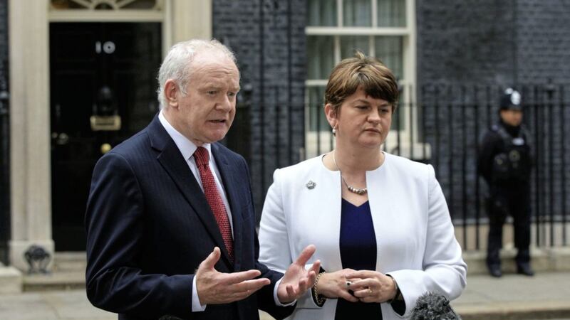 Former First Minister Arlene Foster and former deputy First Minister Martin McGuinness at Downing Street in 2016. Picture by Jonathan Brady, Press Association 