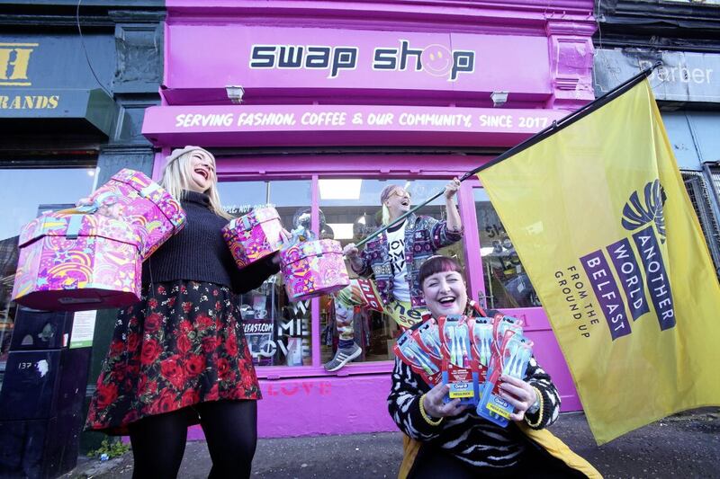 Emma Jane Dorrian- Coordinator with the Rape Crisis Centre NI collecting lush gift packs from Connor Kerr and Becky Bellamy at Another World Belfast's Swap Shop in Winetavern Street last year. Picture Mal McCann. 