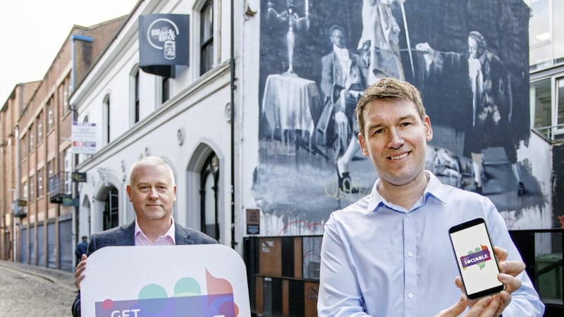GetSociable chief executive Peter McCleery (right) and the Innovation Factory&rsquo;s Stephen Ellis launch the new mobile web app aimed at boosting the night-time economy 