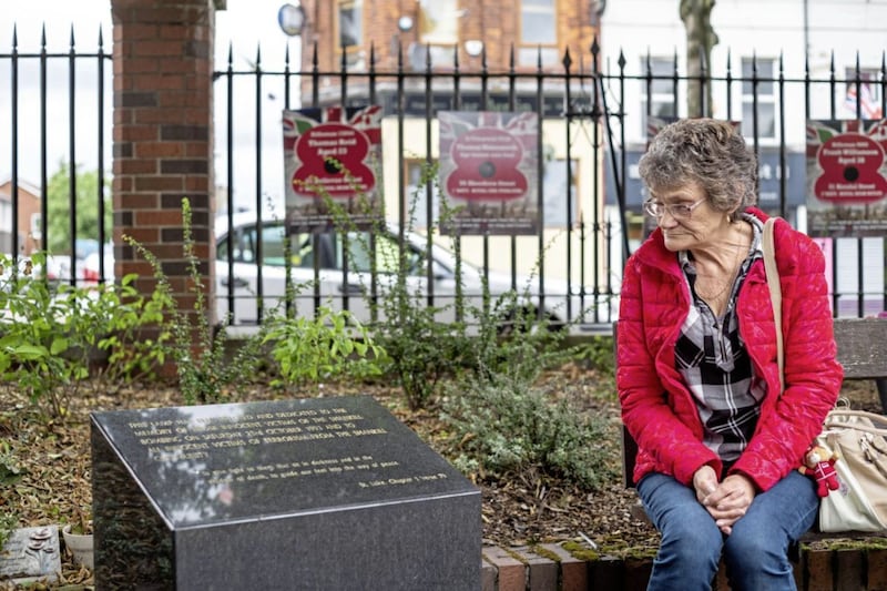 Gina Murray at the Shankill Bomb memorial in a still taken from a BBC programme to be broadcast tonight 