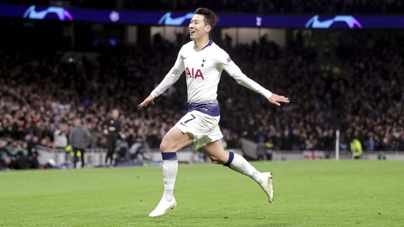 Tottenham&#39;s Son Heung-min celebrates the only goal of the game against Manchester City 