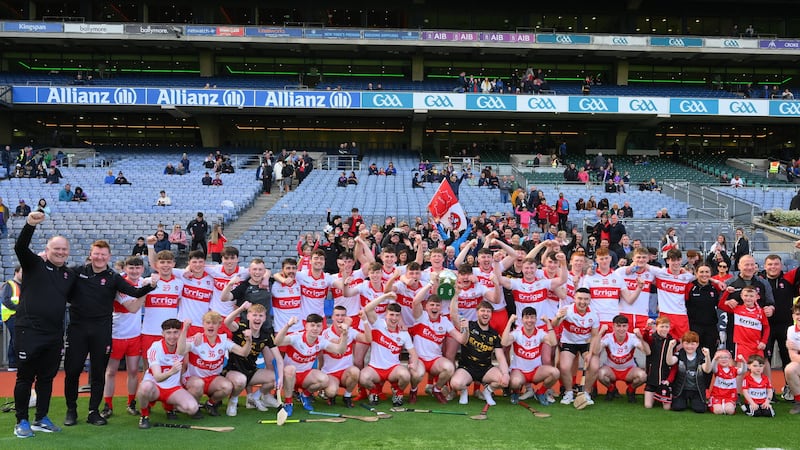 Derry players and management celebrate with the Richie McElligott Cup after the All-Ireland U20 B Hurling Championship final match between Derry and Roscommon at Croke Park on Saturday			 Picture: Ray McManus/Sportsfile