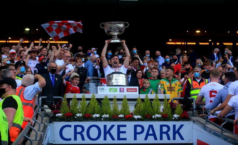 Conor McKenna lifts the Sam Maguire Cup after Tyrone's win over Mayo in the All-Ireland SFC final in 2021 at Croke Park     Picture: Seamus Loughran