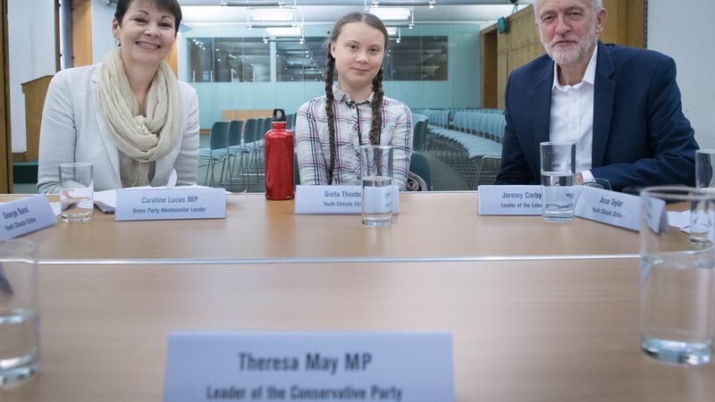 Swedish 16-year-old Greta Thunberg met the leaders of UK parties for round-table talks as global warming protests continued outside.