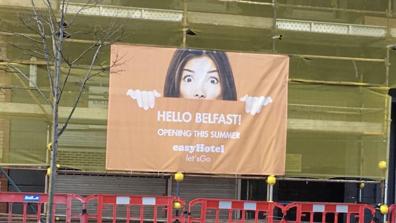 Signs have emerged for the new easyHotel in Belfast city centre, due to open in the summer 