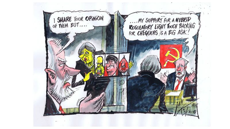 Ian Knox cartoon 10/10/18: Theresa May's desperation to rid herself of the DUP stranglehold takes her to strange places&nbsp;