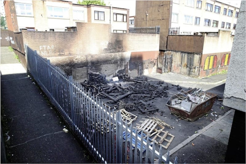 The damage caused after bonfire material was set on fire in the New Lodge Road of north Belfast on Sunday afternoon. Picture by Hugh Russell 