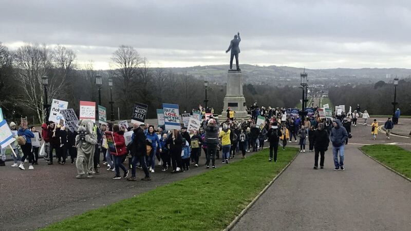Protesters taking part in the Storm Stormont rally, outside Parliament Buildings, Belfast 
