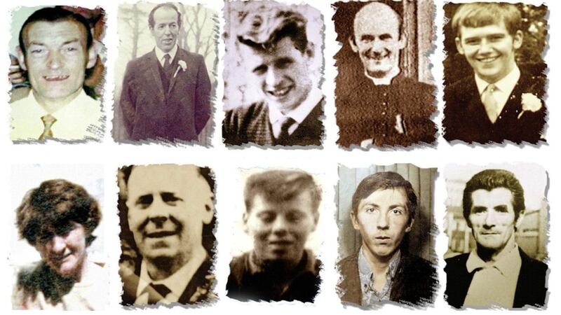 The Ballymurphy victims, from left, Joseph Corr, Danny Teggart, Eddie Doherty, Fr Hugh Mullan and Frank Quinn.Bottom row, from left, Joan Connolly, John McKerr, Noel Phillips, John Laverty and Joseph Murphy 