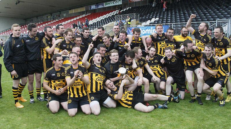 Eire Og&#39;s Carrickmore celebrate after defeating Eoghan Ruadh, Dungannon in the final of the Tyrone Senior Hurling Championship at Healy Park 