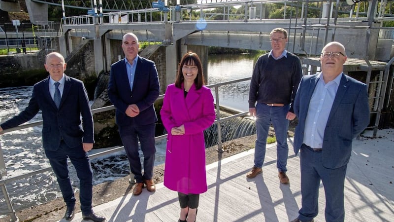 Infrastructure Minister Nichola Mallon visits the Lagan flood alleviation scheme, picture with (from left) Paddy Harney (director at Charles Brand), Niall McGill (managing director at Charles Brand), Owen McGivern (DFI Rivers) and Alan Vennard (Atkins Faithful+Gould) 