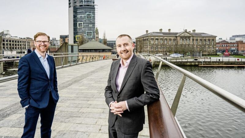 Simon Hamilton, chief executive of Belfast Chamber, with Dawson McConkey, head of Carson McDowell&rsquo;s real estate team. 