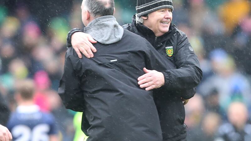 Donegal manager Paddy Carr celebrates yesterday’s win with his assistant Aidan O’Rourke		   Picture: Margaret McLaughlin