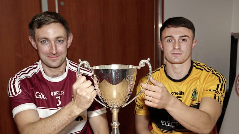 Banagher&#39;s Ruairi McCloskey and St Enda&#39;s Cormac Ross pictured at the launch of the Ulster Club Hurling Championships at Garvaghey on Monday night. The sides meet in the quarter-final of the Ulster Intermediate Championship this Sunday in Owenbeg. Picture: Jim Dunne 