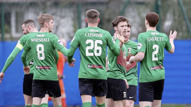 Glentoran&#39;s Shay McCartan celebrates scoring his side&#39;s third goal in their 3-0 Irish Cup second round win over Queen&#39;s at the The Dub on Saturday Picture: David Maginnis/Pacemaker Press 