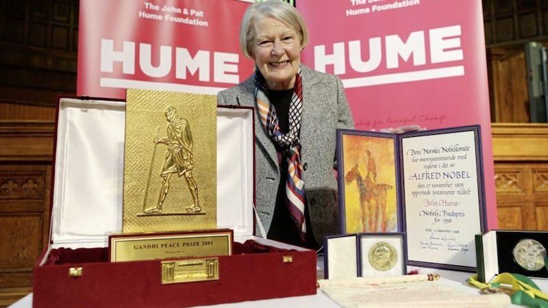 Pat Hume and her family have donated the three world peace awards presented to her husband, John to the people of Derry. Picture by Lorcan Doherty 
