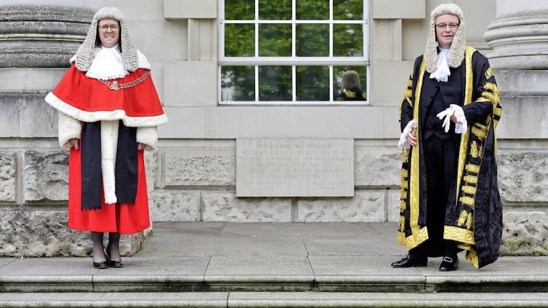 Lady Chief Justice Dame Siobhan Keegan and Lord Chancellor Robert Buckland QC pictured at the Call to the Bar at Belfast High Courts in Northern Ireland. Picture by Arthur Allison/Pacemaker Press 