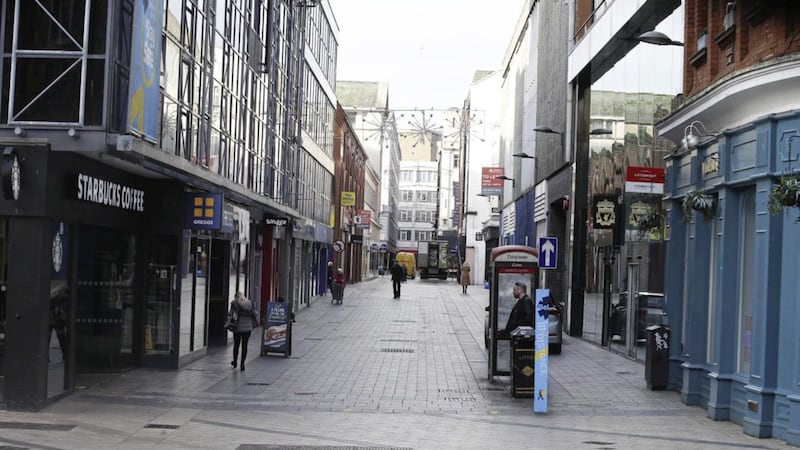 Castle Lane in Belfast virtually empty during the November lockdown on retail. Picture by Hugh Russell. 