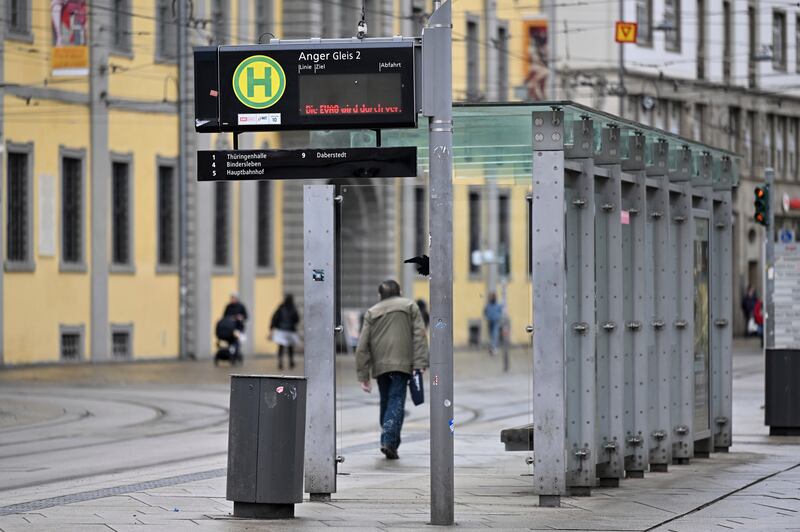 An empty streetcar stop in Erfurt, Germany, as transport workers go on strike (Martin Schutt/dpa via AP)