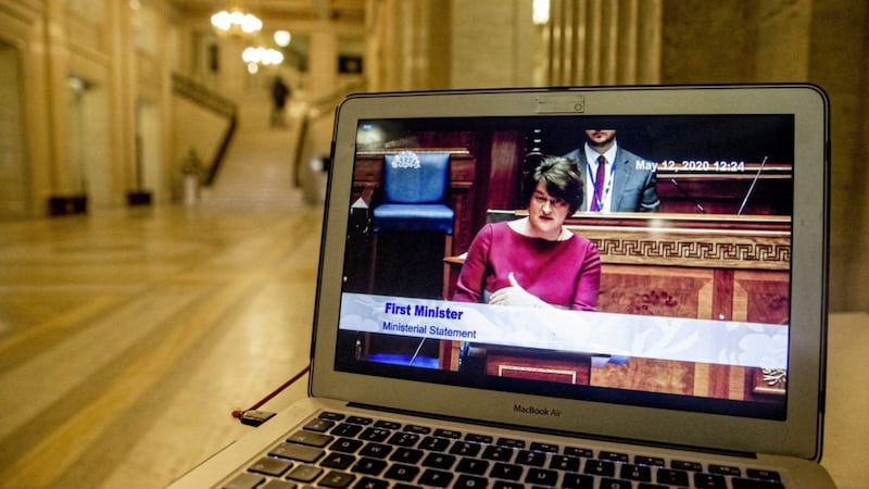 A computer screen showing First Minister Arlene Foster giving a statement to the Stormont assembly on the executive&#39;s approach to coronavirus decision-making. Picture by Liam McBurney/PA 