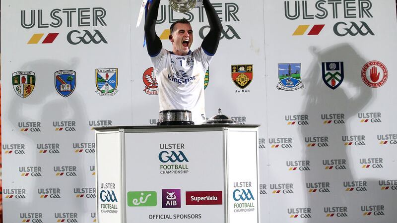 Cavan captain Raymond Galligan lifts the Anglo-Celt Cup after Sunday's Ulster final victory over Donegal Picture by S&eacute;amus Loughran