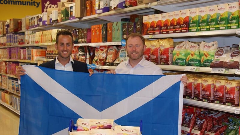 Stuart Best, left, of White&rsquo;s Oats in Tandragee with Tesco&rsquo;s Sean Largey 