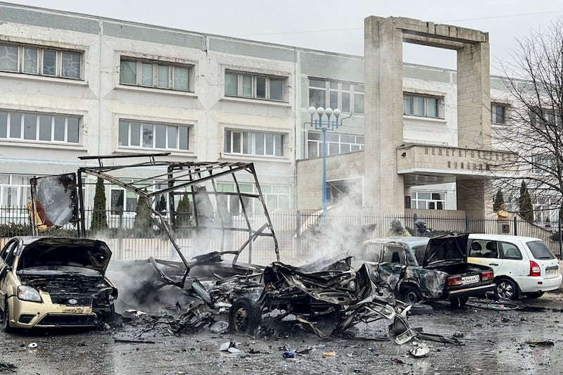Burned cars after shelling from Ukraine, in Belgorod, Russia, over the weekend (Belgorod region governor Vyacheslav Gladkov telegram channel via AP)