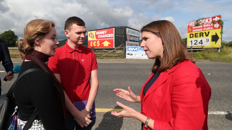 &nbsp;Liberal Democrat leader Jo Swinson with Alliance Party deputy leader Stephen Farry as she visits the Irish border at Forkhill near Newry. Niall Carson/PA Wire