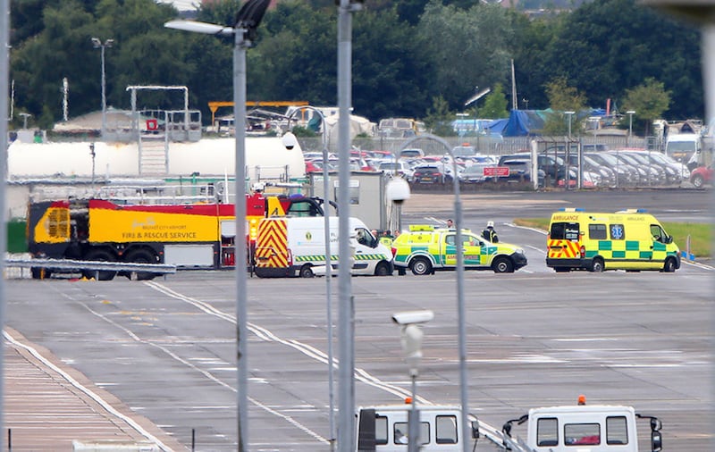 Emergency services at Belfast City Airport after a Flybe flight from Scotland landed with one engine. Picture Mal McCann&nbsp;