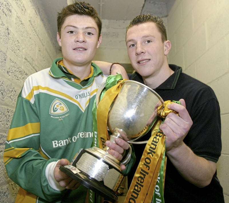 Marty Clarke and brother John after St Louis&#39; Grammar School won the MacLarnon Cup in 2004 