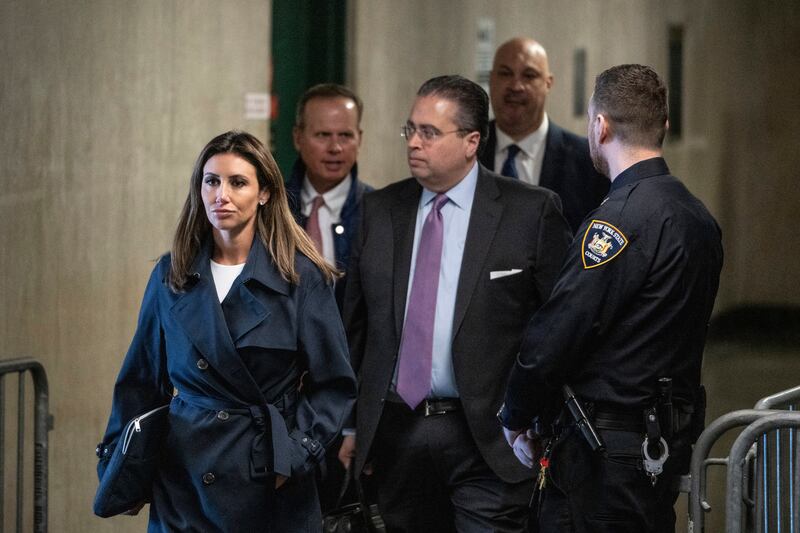 Alina Haba, lawyer for former president Donald Trump, leaves after the first day of opening arguments in his trial at Manhattan Criminal Court (Victor J. Blue/The Washington Post via AP)