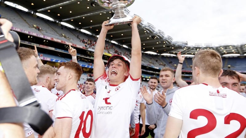 Tyrone&#39;s Kieran McGeary with the Sam Maguire at the end of this month&#39;s All-Ireland football final - a victory of youth, vigour and hope. Picture by Philip Walsh 